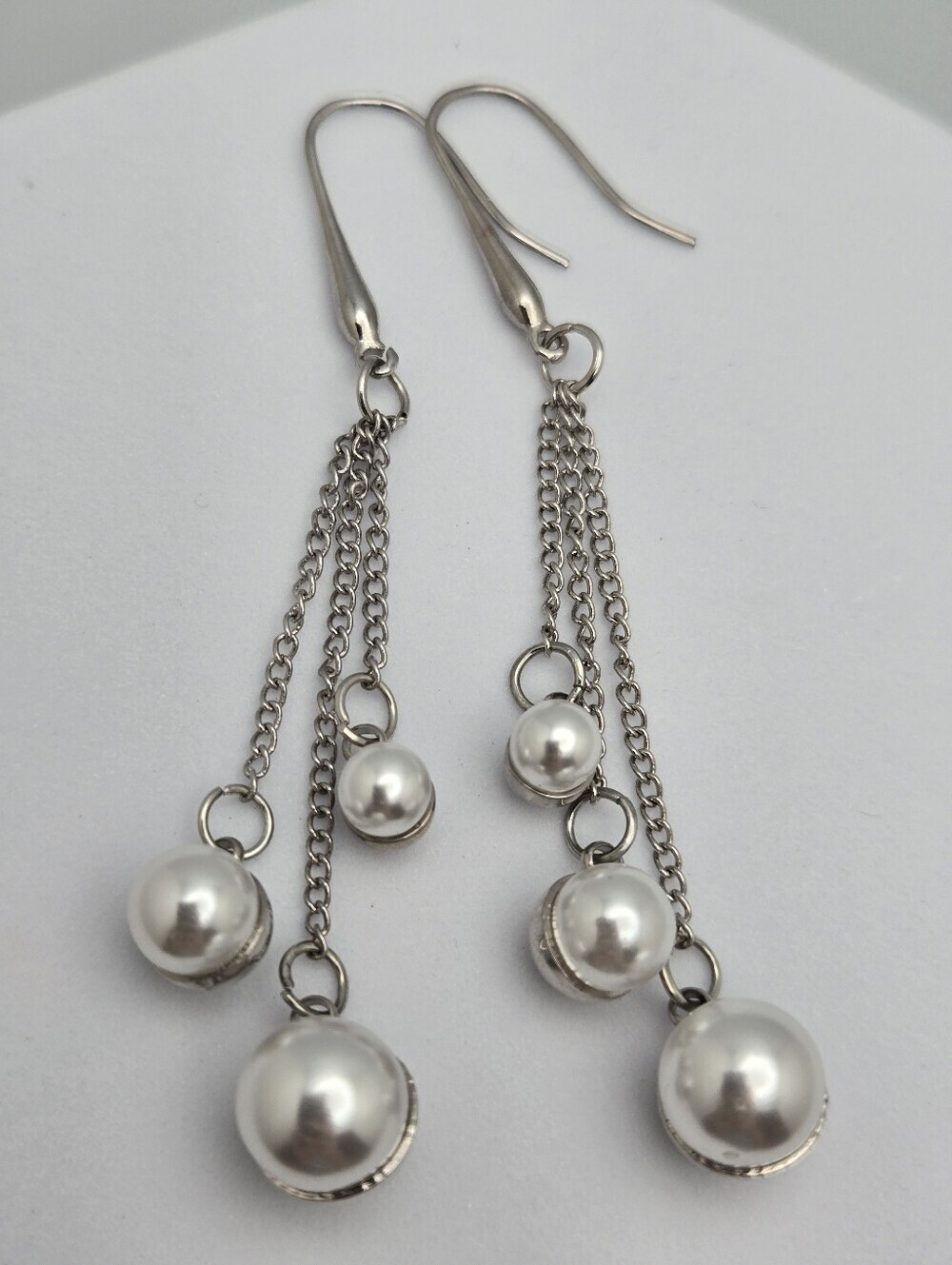 Triple Chain Faux Pearl Dangle Earrings Waterfall Drop French Hooks 3" Vintage - Picture 3 of 8